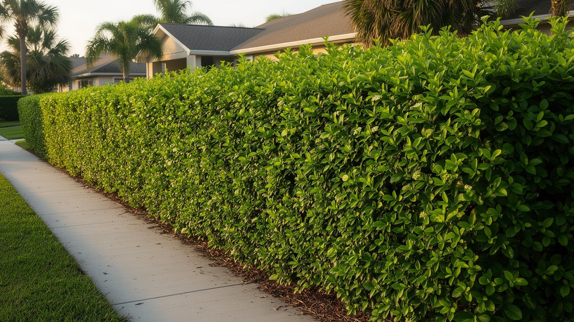 Freshly shaped viburnum hedge along a Florida walkway