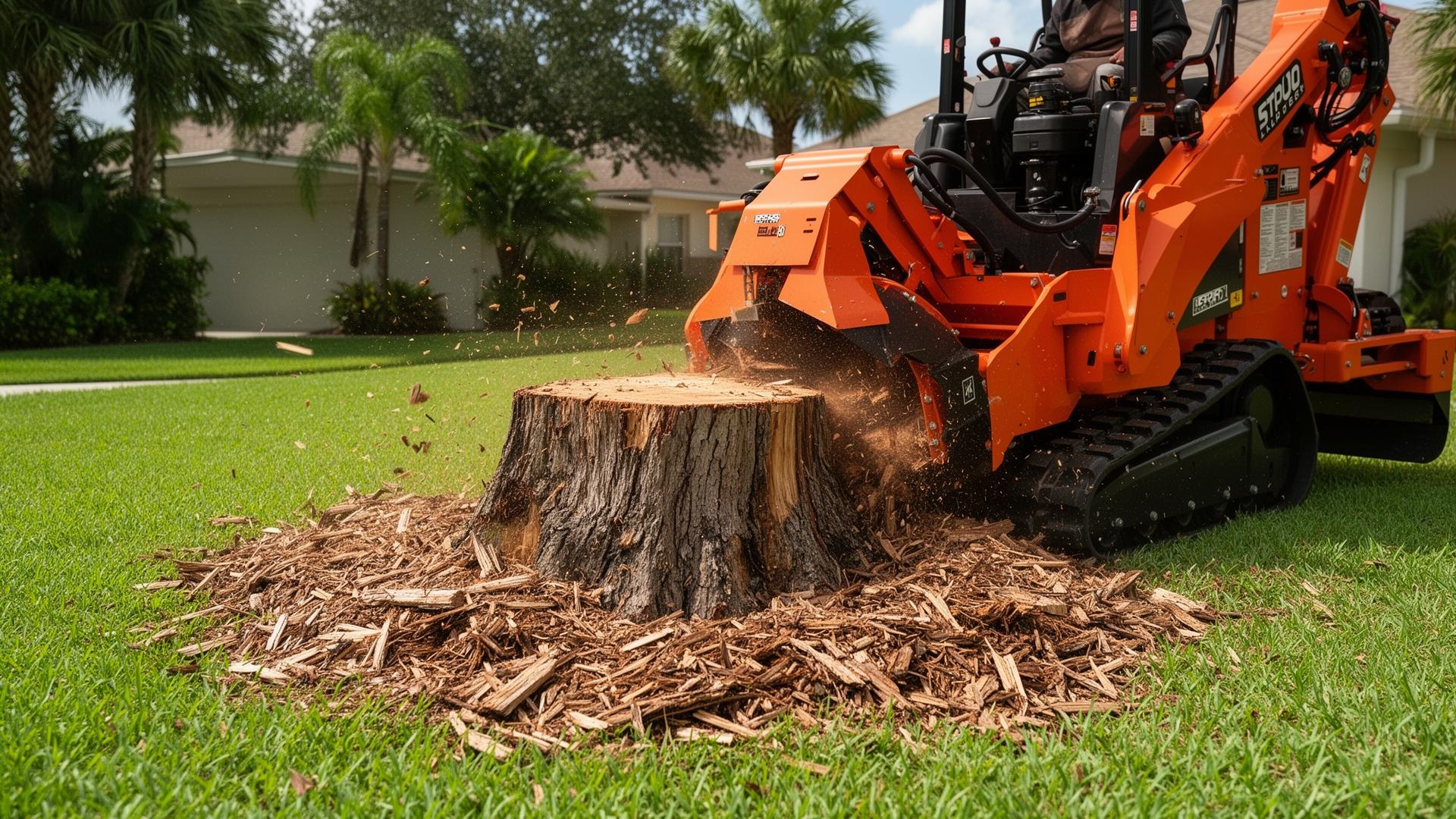 Industrial stump grinder mid-cut on a Florida lawn